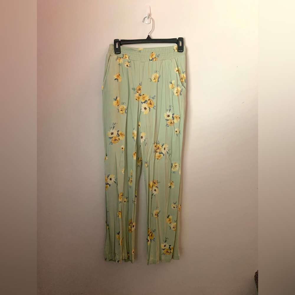 Spoiled Green and Yellow Wide Leg Pants with Floral Print